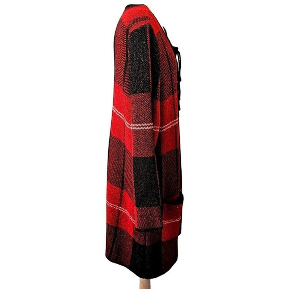 Adrienne Vittadini Long Open Cardigan Sweater Fringed Black Red Plaid Womens 2X - Picture 7 of 10